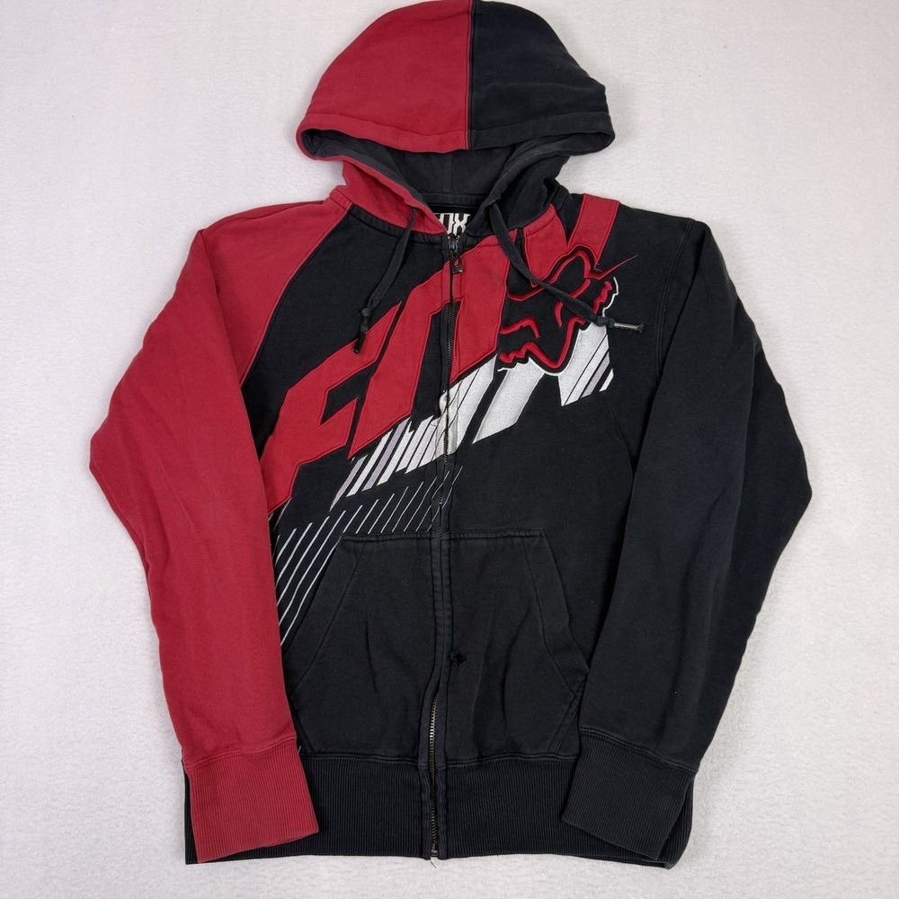 Fox Racing Men S Red Black Colorblock Full Zip Hoodie Graphic Motocross Thrashed